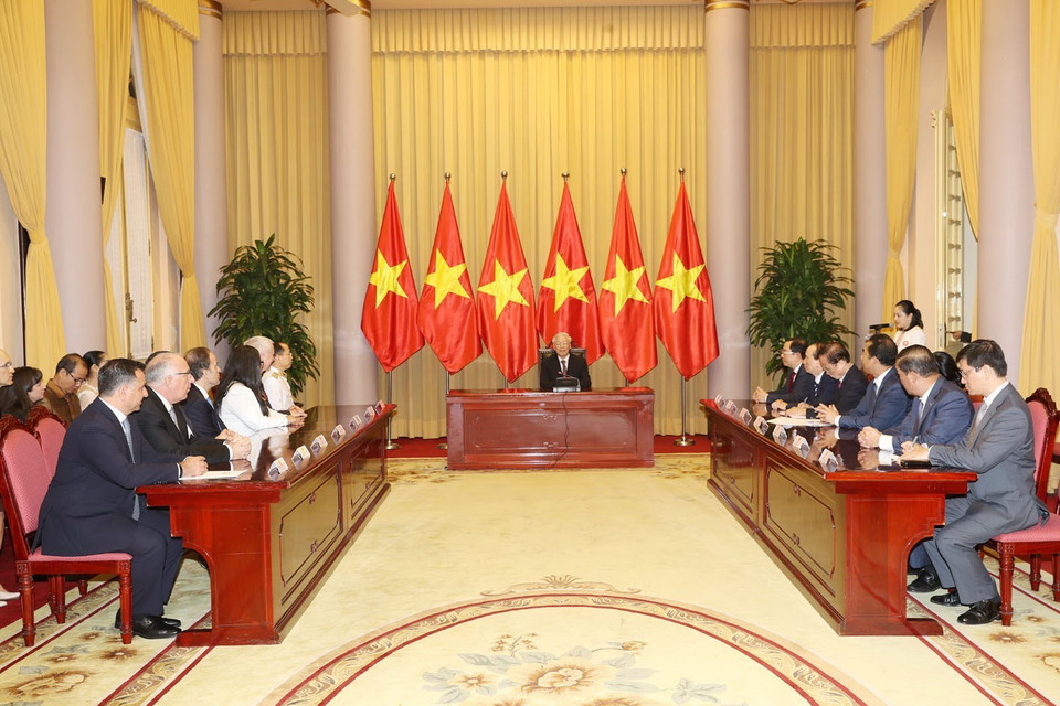 Tổng Bí thư, Chủ tịch nước Nguyễn Phú Trọng phát biểu chúc mừng các Đại sứ nhân dịp nhận nhiệm kỳ công tác tại Việt Nam. (Ảnh: Trí Dũng/TTXVN)