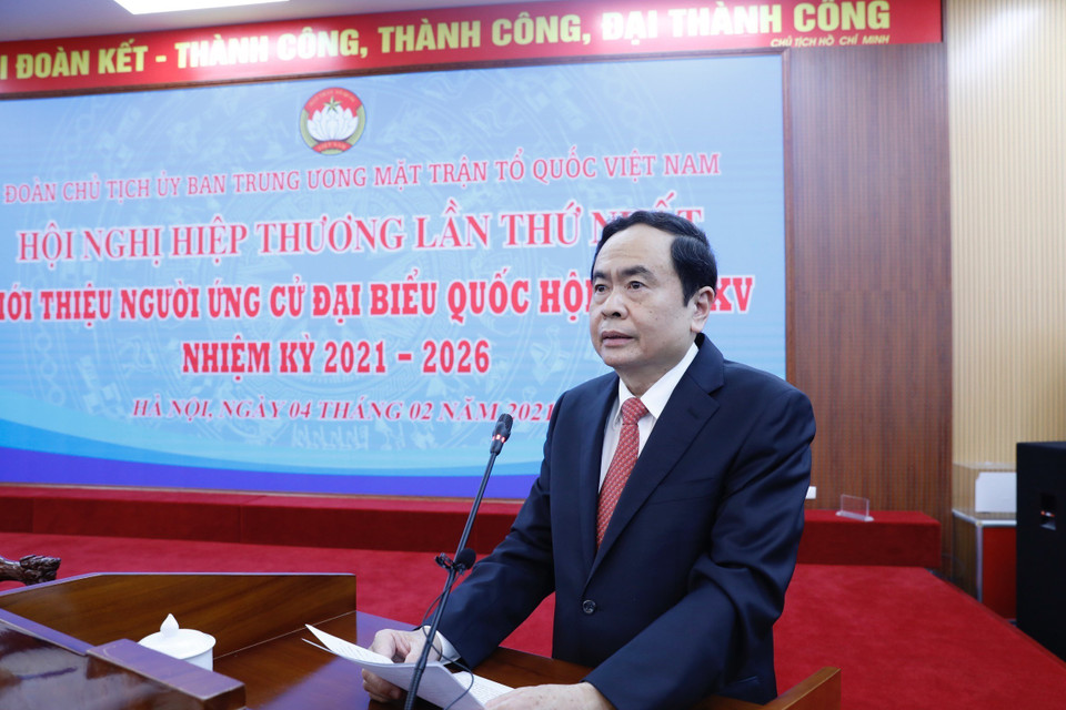 Chủ tịch Ủy ban Trung ương Mặt trận Tổ quốc Việt Nam Trần Thanh Mẫn phát biểu khai mạc hội nghị. (Ảnh: Dương Giang/TTXVN)