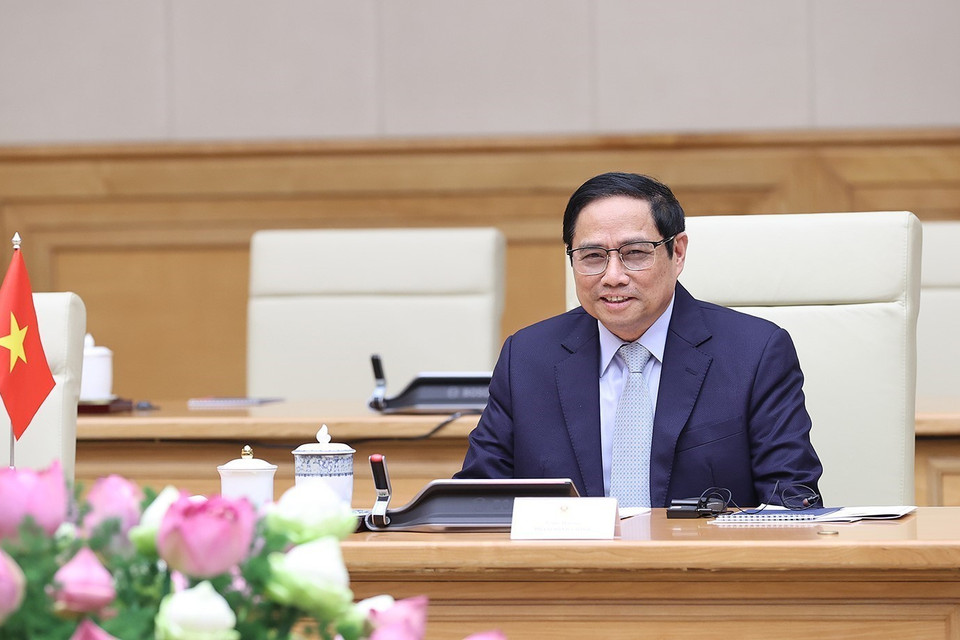 Thủ tướng Phạm Minh Chính phát biểu tại buổi tiếp Chủ tịch Quốc hội Singapore Tan Chuan-Jin. (Ảnh: Dương Giang/TTXVN)