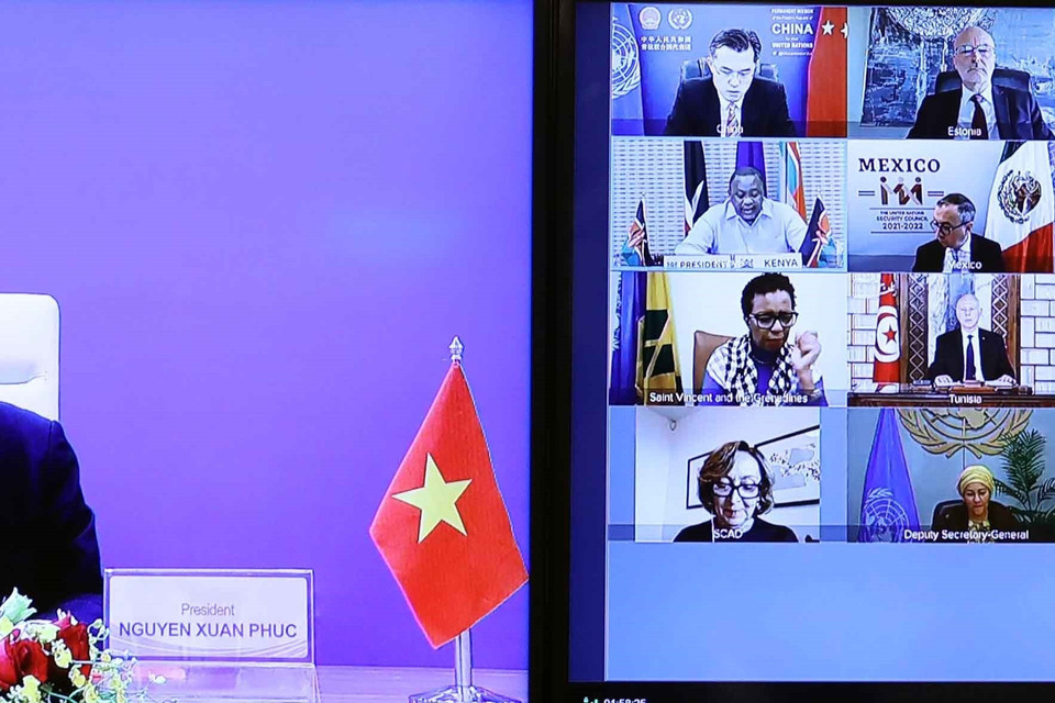 Chủ tịch nước tham dự phiên thảo luận theo lời mời của Tổng thống Kenya Uhuru Kenyatta, Chủ tịch luân phiên Hội đồng Bảo an Liên hợp quốc tháng 10/2021. (Ảnh: Thống Nhất/TTXVN)