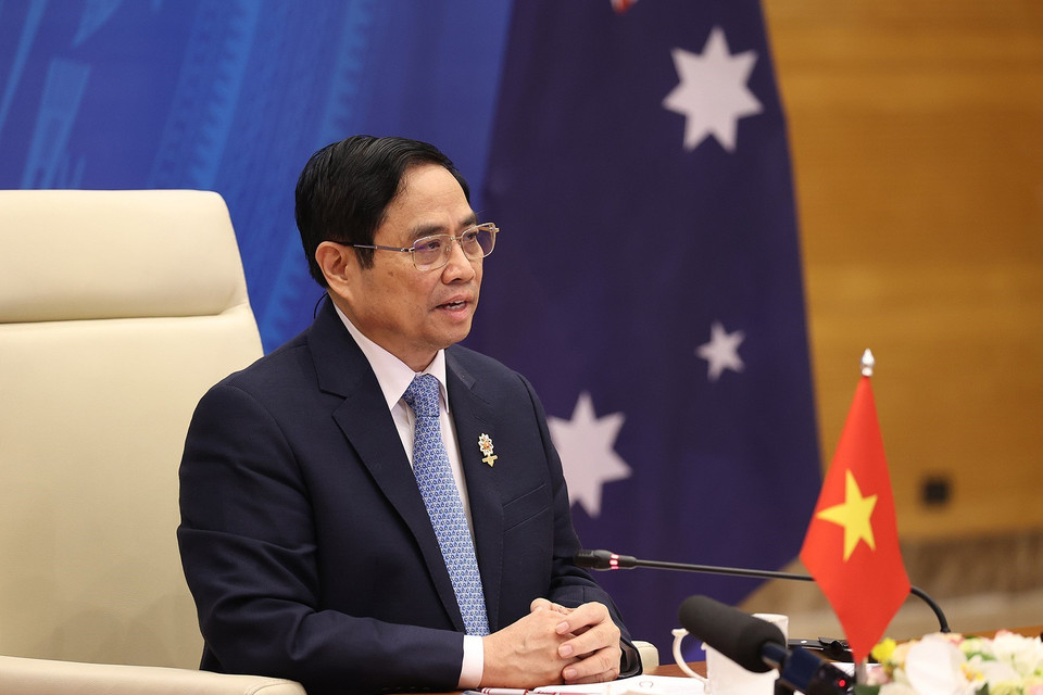  Thủ tướng Phạm Minh Chính phát biểu tại Hội nghị cấp cao ASEAN-Australia thường niên lần thứ nhất theo hình thức trực tuyến. (Ảnh: Dương Giang/TTXVN)