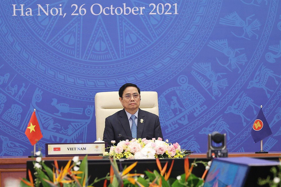 Sáng 26/10/2021, Thủ tướng Chính phủ Phạm Minh Chính tham dự và phát biểu tại Hội nghị cấp cao ASEAN lần thứ 39. (Ảnh: Dương Giang/TTXVN)