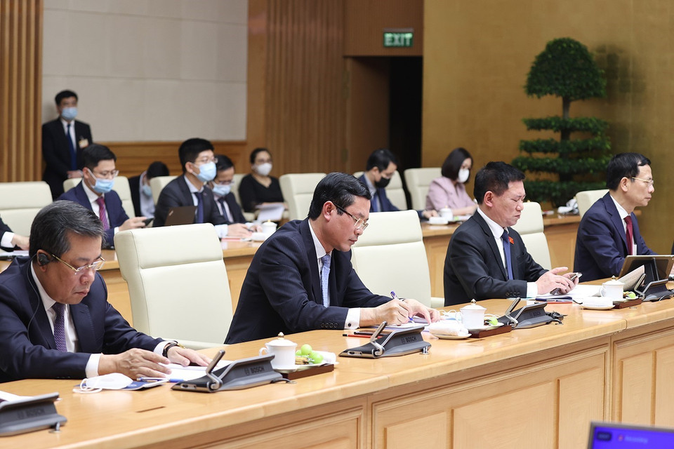 Các thành viên đoàn Việt Nam tham dự Đối thoại chiến lược quốc gia giữa Việt Nam và WEF tại điểm cầu Hà Nội. (Ảnh: Dương Giang/TTXVN)