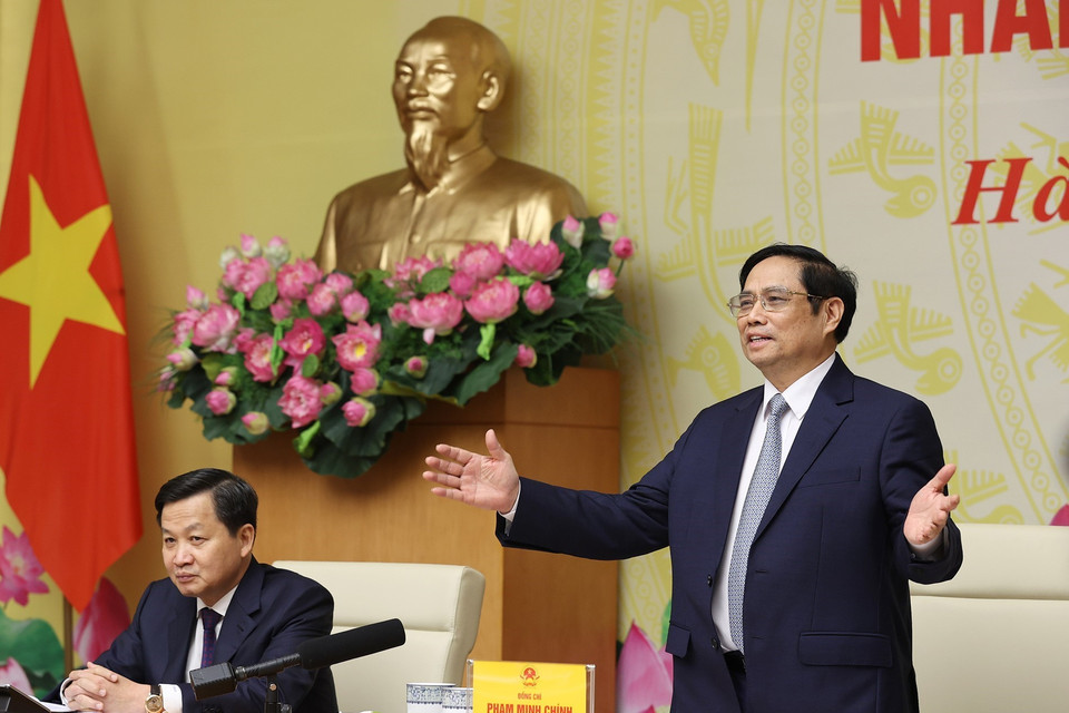 Thủ tướng Phạm Minh Chính phát biểu tại buổi gặp mặt. (Ảnh: Dương Giang/TTXVN)