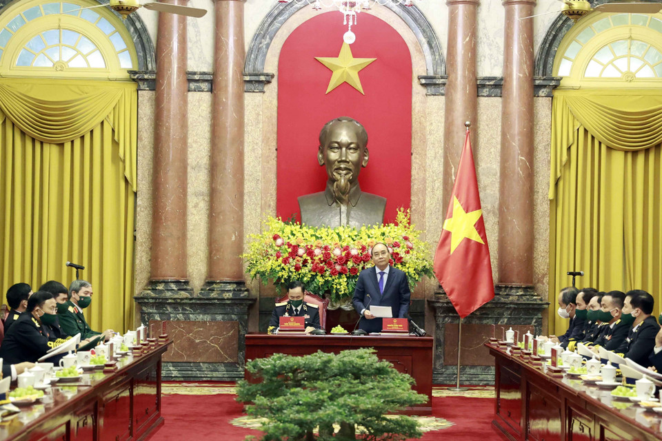 Chủ tịch nước Nguyễn Xuân Phúc phát biểu tại buổi gặp mặt. (Ảnh: Thống Nhất/TTXVN)