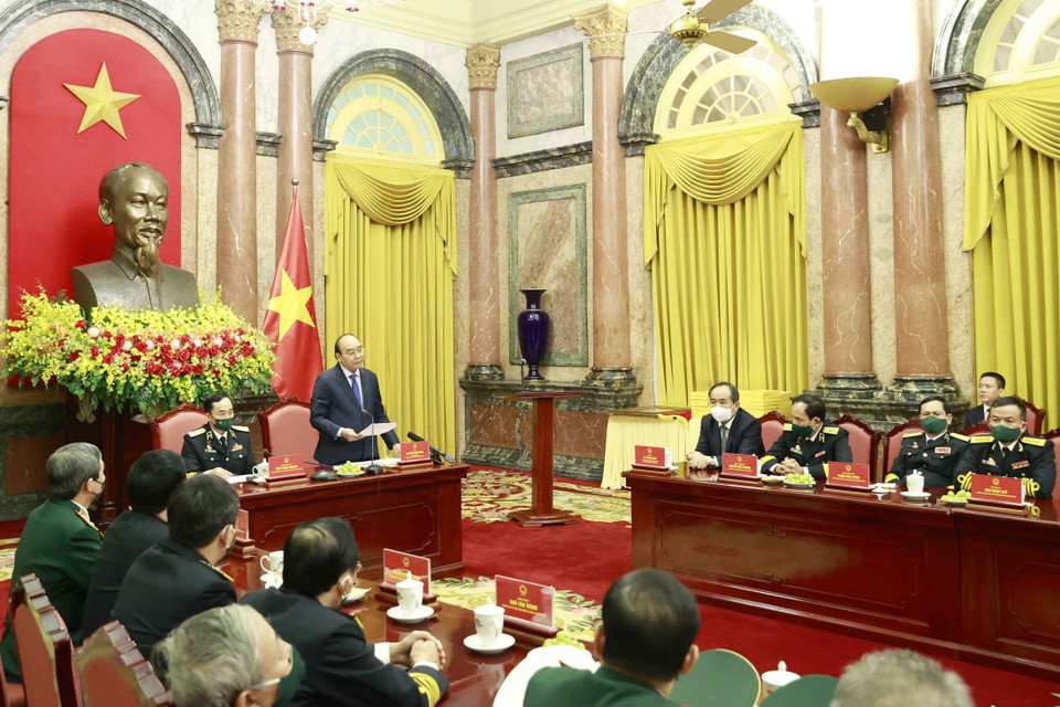 Chủ tịch nước Nguyễn Xuân Phúc phát biểu tại buổi gặp mặt. (Ảnh: Thống Nhất/TTXVN)