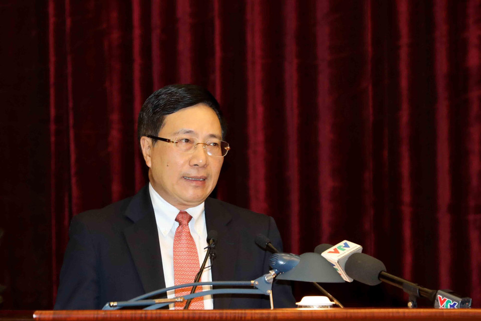 Ông Phạm Bình Minh, Ủy viên Bộ Chính trị, Phó Thủ tướng Chính phủ, Bộ trưởng Bộ Ngoại giao phát biểu. (Ảnh: Phương Hoa/TTXVN)