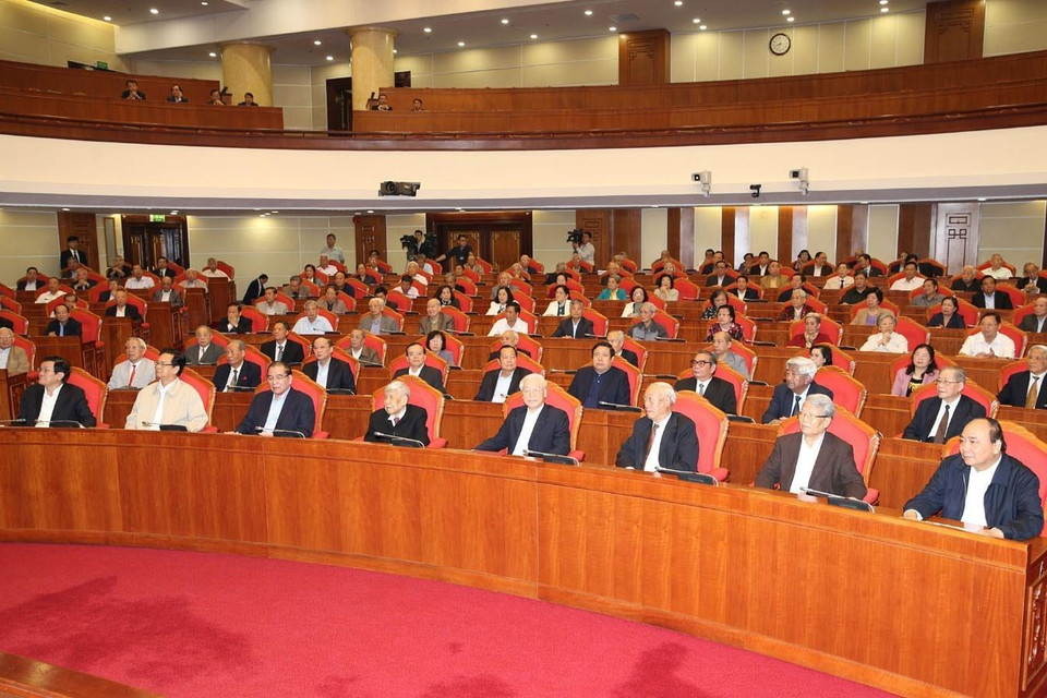 Các vị lãnh đạo, nguyên lãnh đạo Đảng, Nhà nước dự hội nghị. (Ảnh: Trí Dũng/TTXVN)