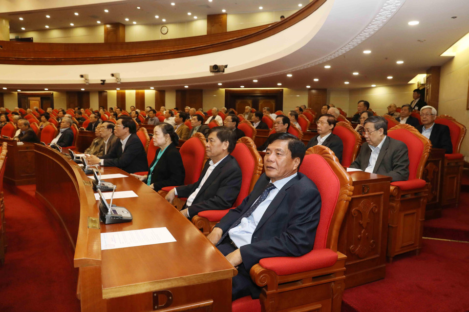 Các vị lãnh đạo, nguyên lãnh đạo Đảng, Nhà nước dự hội nghị. (Ảnh: Phương Hoa/TTXVN)