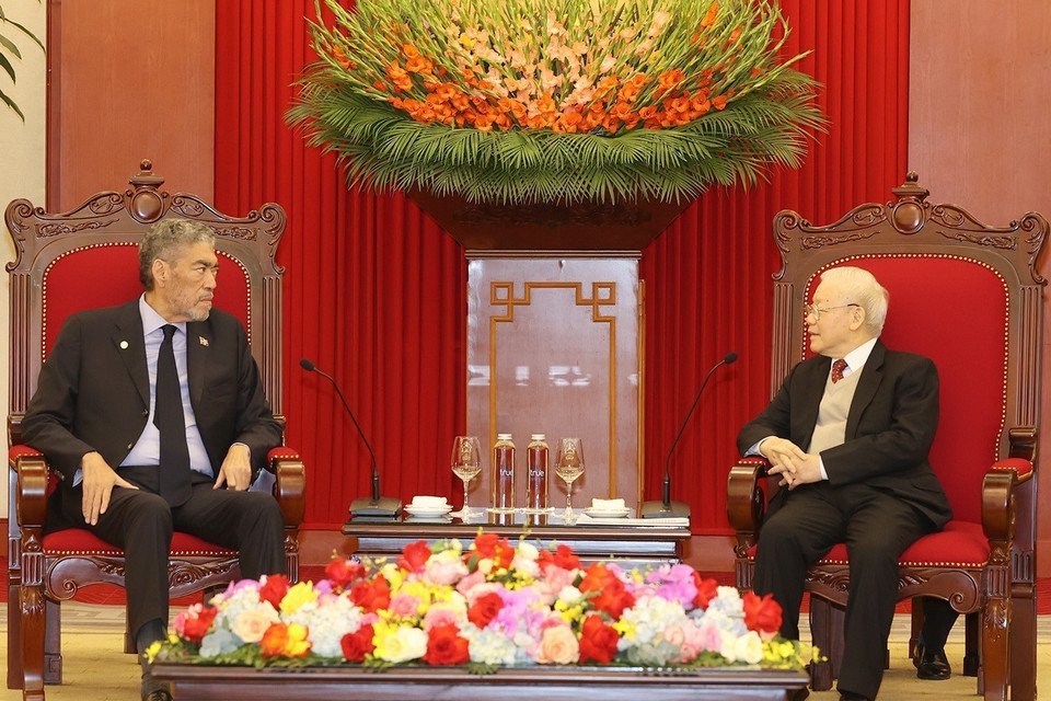 Tổng Bí thư Nguyễn Phú Trọng tiếp Tổng Bí thư Đảng Phong trào Cánh tả Thống nhất Cộng hòa Dominicana. (Ảnh: Trí Dũng/TTXVN)