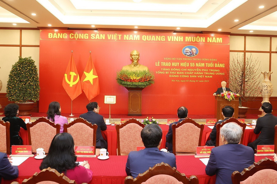 Tổng Bí thư Nguyễn Phú Trọng tại buổi lễ nhận Huy hiệu 55 năm tuổi Đảng. (Ảnh: Trí Dũng/TTXVN)