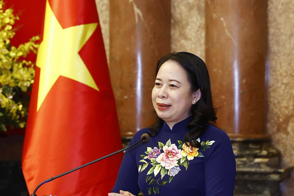 Quyền Chủ tịch nước Võ Thị Ánh Xuân phát biểu tại buổi tiếp. (Ảnh: Thống Nhất/TTXVN)