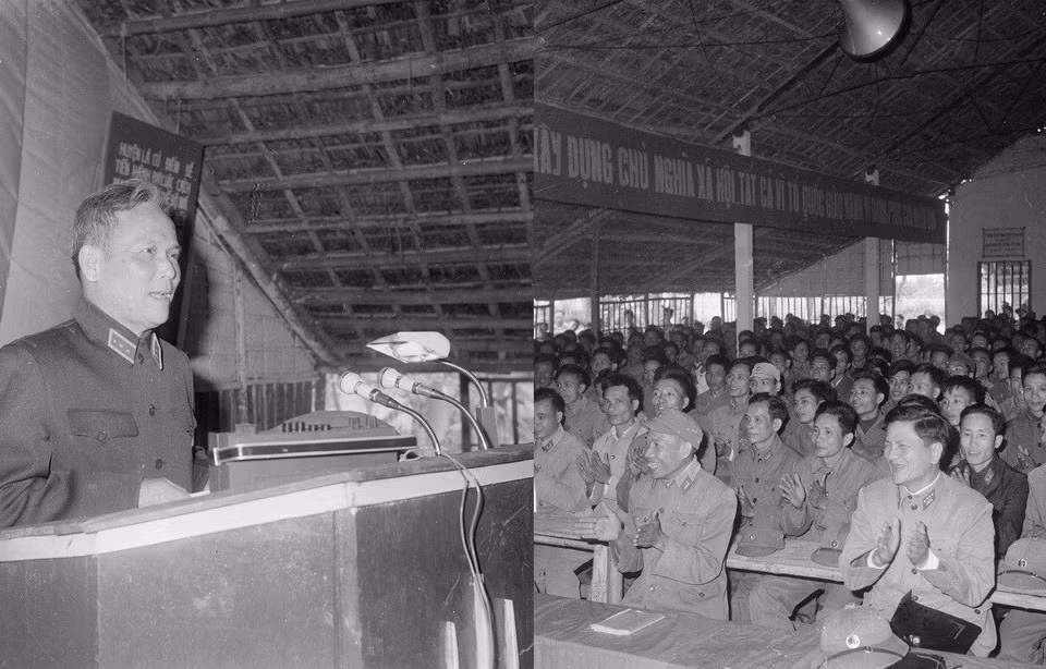 Thượng tướng Chu Huy Mân, Phó Bí thư Quân ủy TW, Chủ nhiệm Tổng cục Chính trị nói chuyện với các học viên tại lớp học của cán bộ quân đội tăng cường cho các cấp huyện ở các tỉnh miền núi. (Ảnh: Hồng Thụ/TTXVN)