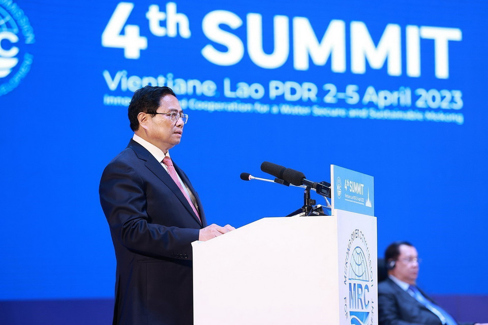 Thủ tướng Phạm Minh Chính phát biểu tại Phiên toàn thể Hội nghị cấp cao Ủy hội sông Mekong quốc tế lần thứ tư. (Ảnh: Dương Giang/TTXVN)