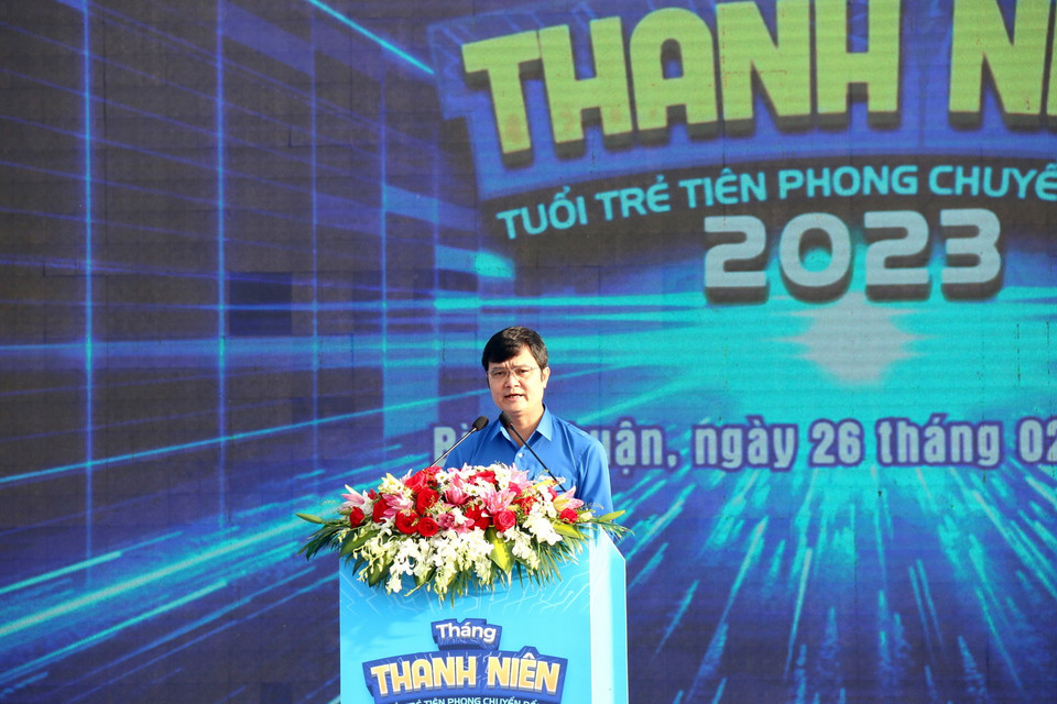 Bí thư thứ nhất Trung ương Đoàn Bùi Quang Huy phát biểu tại Lễ khởi động Tháng Thanh niên 2023. (Ảnh: Nguyễn Thanh/TTXVN)