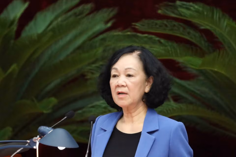 Bà Trương Thị Mai, Ủy viên Bộ Chính trị, Thường trực Ban Bí thư phát biểu tại Hội nghị. (Ảnh: Phương Hoa/TTXVN)