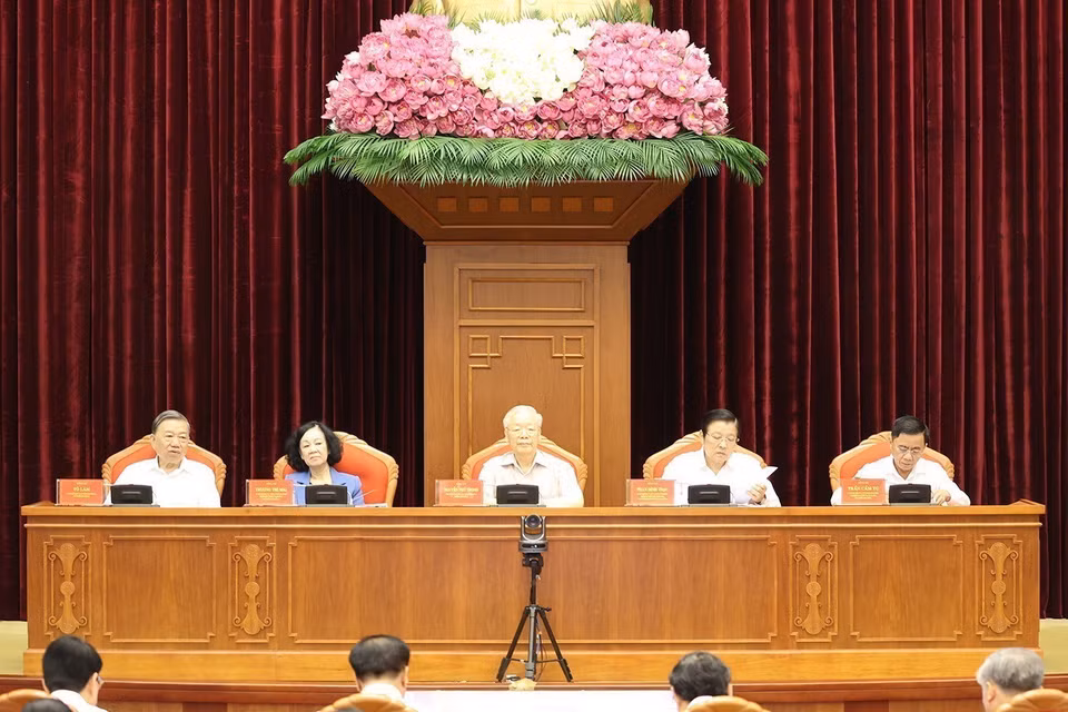 Tổng Bí thư Nguyễn Phú Trọng và các đồng chí Thường trực Ban Chỉ đạo Trung ương về phòng, chống tham nhũng, tiêu cực chủ trì hội nghị. (Ảnh: Trí Dũng/TTXVN)