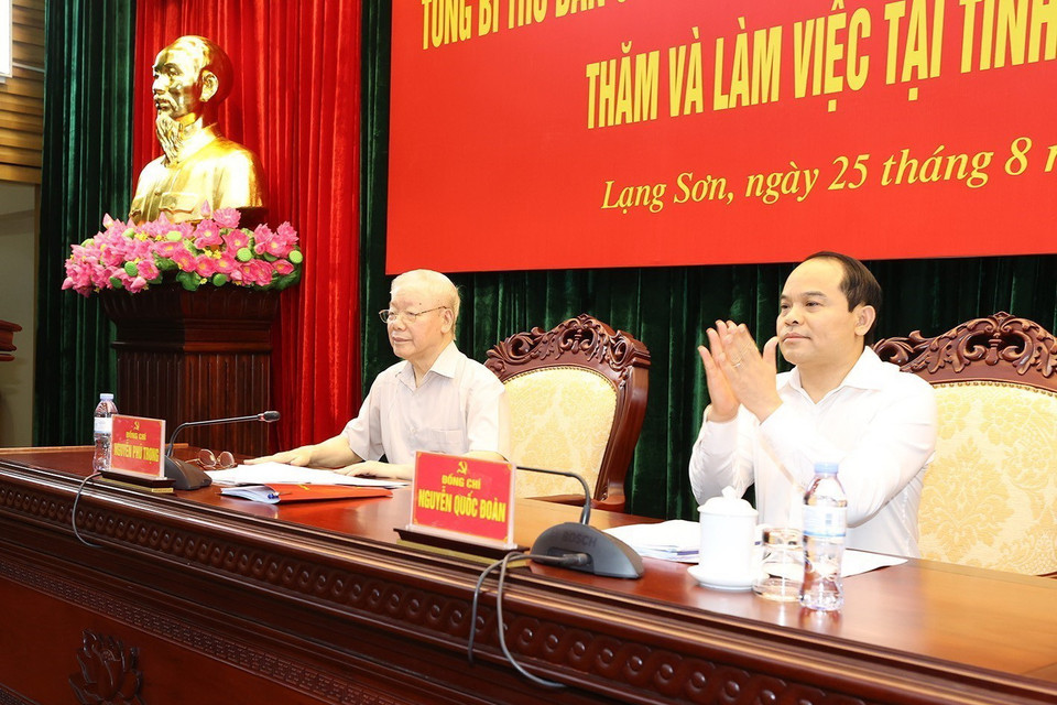Tổng Bí thư Nguyễn Phú Trọng tại buổi làm việc với lãnh đạo chủ chốt tỉnh Lạng Sơn. (Ảnh: Trí Dũng/TTXVN)