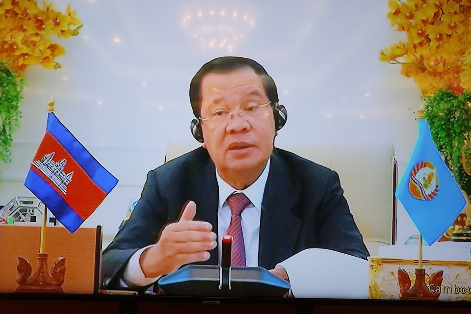  Chủ tịch Đảng Nhân dân Campuchia, Thủ tướng Chính phủ Vương quốc Campuchia Hun Sen phát biểu. (Ảnh: Trí Dũng/TTXVN)