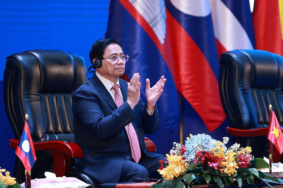 Thủ tướng Phạm Minh Chính dự Phiên toàn thể Hội nghị cấp cao Ủy hội sông Mekong quốc tế lần thứ tư. (Ảnh: Dương Giang/TTXVN)