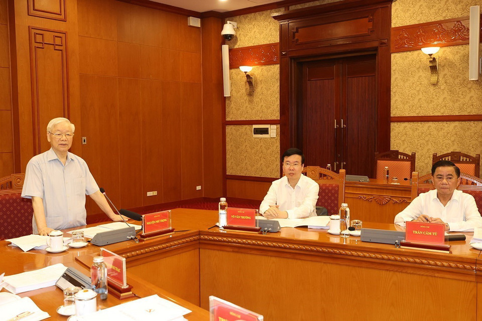 Tổng Bí thư Nguyễn Phú Trọng phát biểu kết luận cuộc họp. (Ảnh: Trí Dũng/TTXVN)