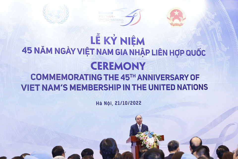 Chủ tịch nước Nguyễn Xuân Phúc phát biểu tại lễ kỷ niệm 45 năm ngày Việt Nam gia nhập Liên hợp quốc. (Ảnh: TTXVN)