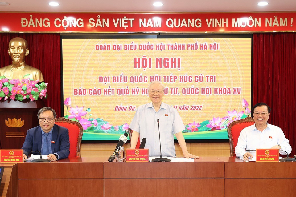 Sáng 19/11, Tổng Bí thư Nguyễn Phú Trọng phát biểu tại buổi tiếp xúc cử tri ở quận Đống Đa. (Ảnh: Trí Dũng/TTXVN)