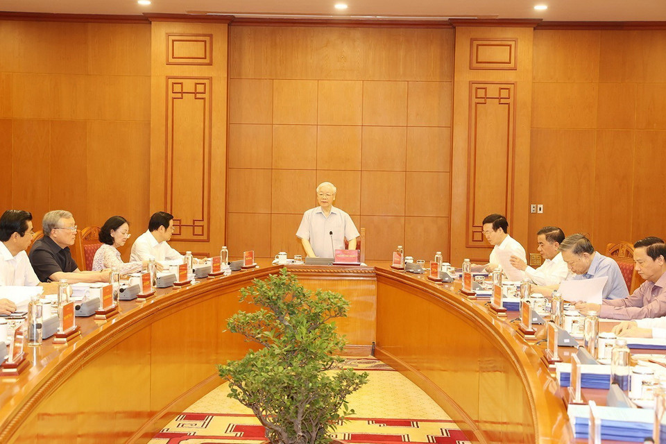 Tổng Bí thư Nguyễn Phú Trọng phát biểu kết luận cuộc họp. (Ảnh: Trí Dũng/TTXVN)