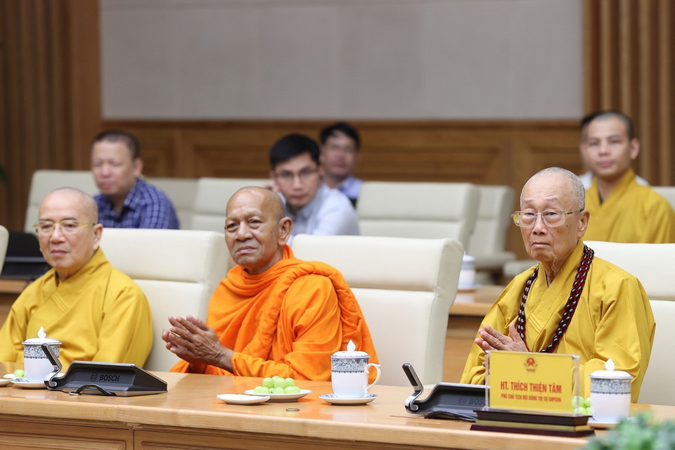 Các đại biểu Giáo hội Phật giáo Việt Nam tham dự buổi tiếp. (Ảnh: Dương Giang/TTXVN)