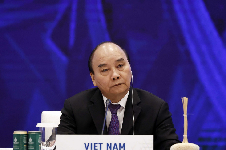 Chủ tịch nước Nguyễn Xuân Phúc tại Phiên họp thứ hai - Tuần lễ Cấp cao APEC 2022. (Ảnh: Thống Nhất/TTXVN)