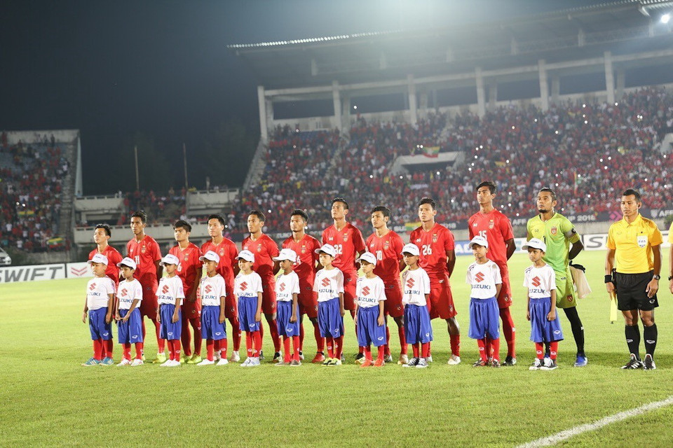 Đội hình xuất phát của đội tuyển Myanmar. (Ảnh: Trọng Đạt/TTXVN)