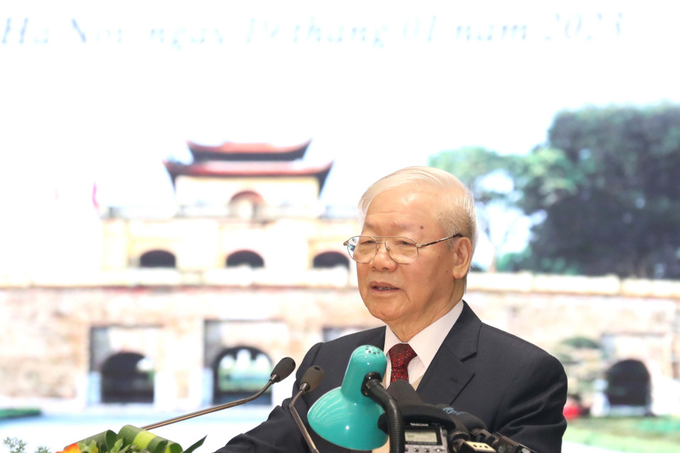 Tổng Bí thư Nguyễn Phú Trọng chúc Tết Đảng bộ, chính quyền và nhân dân Thủ đô Hà Nội. (Ảnh: Phương Hoa/TTXVN)