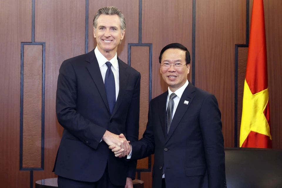 Chủ tịch nước Võ Văn Thưởng tiếp Thống đốc bang California Gavin Newsom. (Ảnh: Thống Nhất/TTXVN)