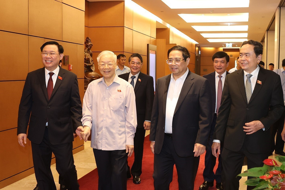 Tổng Bí thư Nguyễn Phú Trọng, các đồng chí lãnh đạo Đảng, Nhà nước đến dự phiên họp. (Ảnh: Trí Dũng/TTXVN)