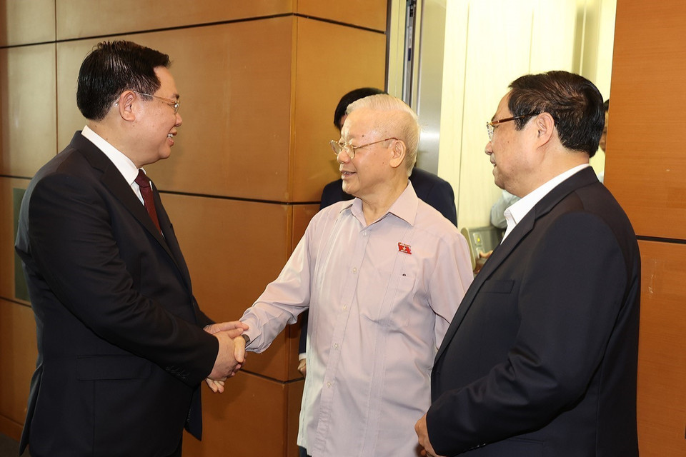 Tổng Bí thư Nguyễn Phú Trọng, các đồng chí lãnh đạo Đảng, Nhà nước đến dự phiên họp. (Ảnh: Trí Dũng/TTXVN)