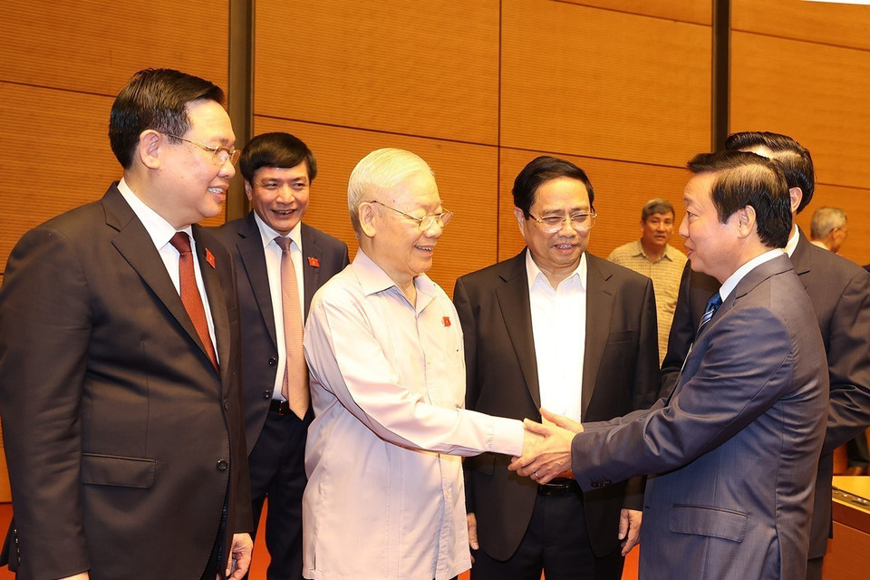 Tổng Bí thư Nguyễn Phú Trọng, các đồng chí lãnh đạo Đảng, Nhà nước đến dự phiên họp. (Ảnh: Trí Dũng/TTXVN)