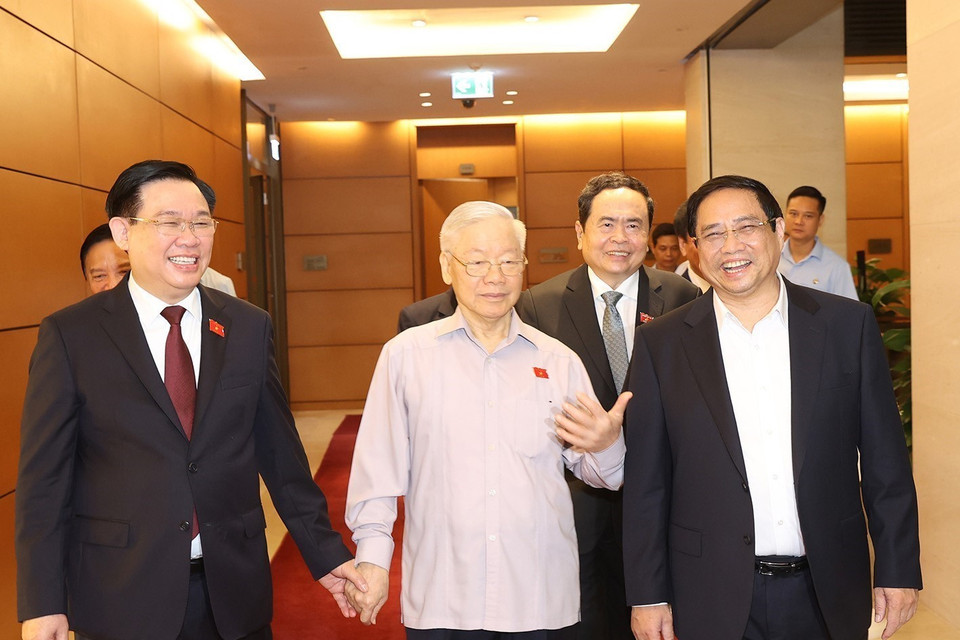 Tổng Bí thư Nguyễn Phú Trọng, các đồng chí lãnh đạo Đảng, Nhà nước đến dự phiên họp. (Ảnh: Trí Dũng/TTXVN)