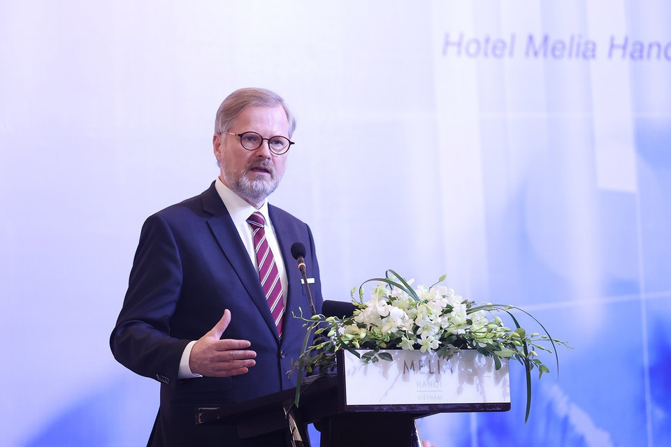 Thủ tướng Séc Petr Fiala phát biểu tại Diễn đàn Doanh nghiệp Việt Nam-Cộng hòa Séc. (Ảnh: Dương Giang/TTXVN)