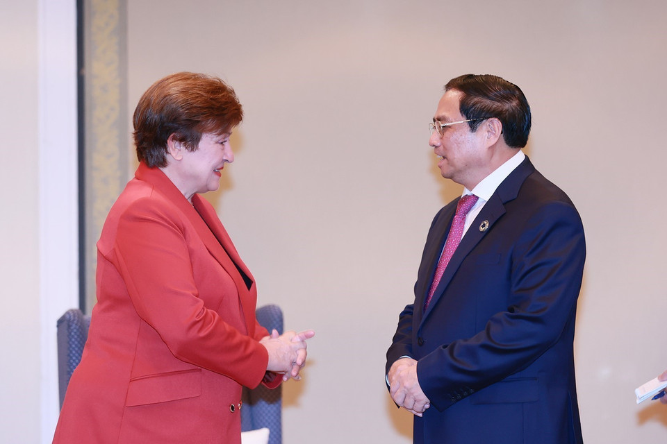 Thủ tướng Phạm Minh Chính tiếp bà Kristalina Georgieva. (Ảnh: Dương Giang/TTXVN)