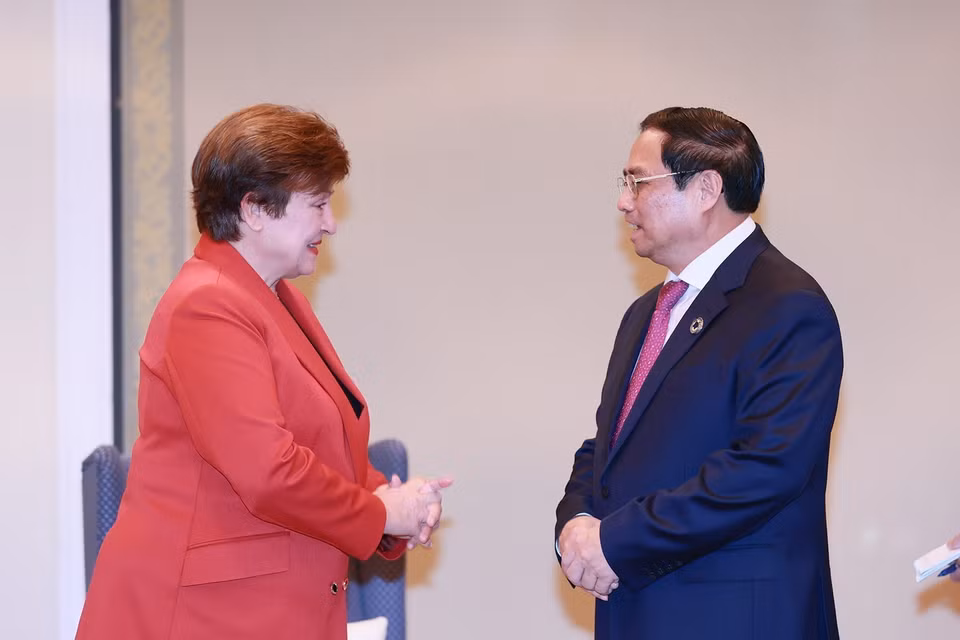 Thủ tướng Phạm Minh Chính tiếp bà Kristalina Georgieva. (Ảnh: Dương Giang/TTXVN)