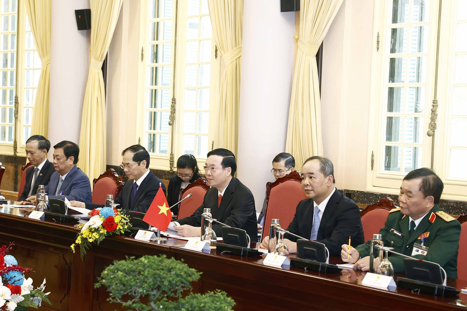 Chủ tịch nước Võ Văn Thưởng phát biểu tại buổi hội đàm. (Ảnh: Thống Nhất/TTXVN)