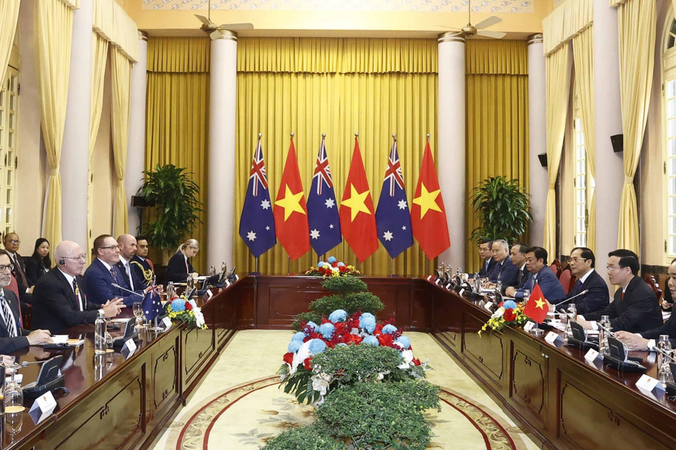 Chủ tịch nước Võ Văn Thưởng hội đàm với Toàn quyền Australia David Hurley. (Ảnh: Thống Nhất/TTXVN))