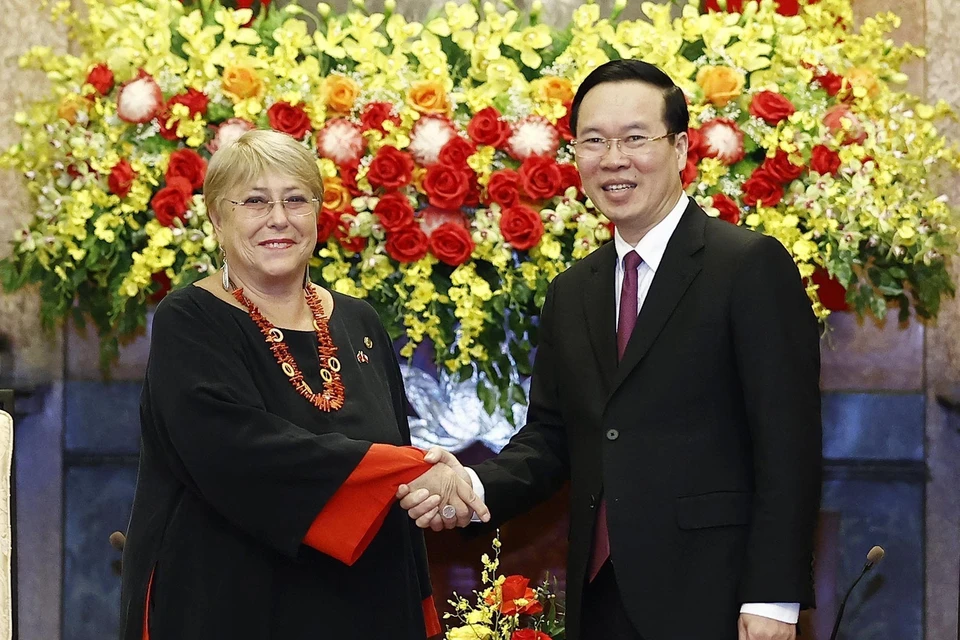 Chủ tịch nước Võ Văn Thưởng tiếp cựu Tổng thống Chile Michelle Bachelet. (Ảnh: Thống Nhất/TTXVN)