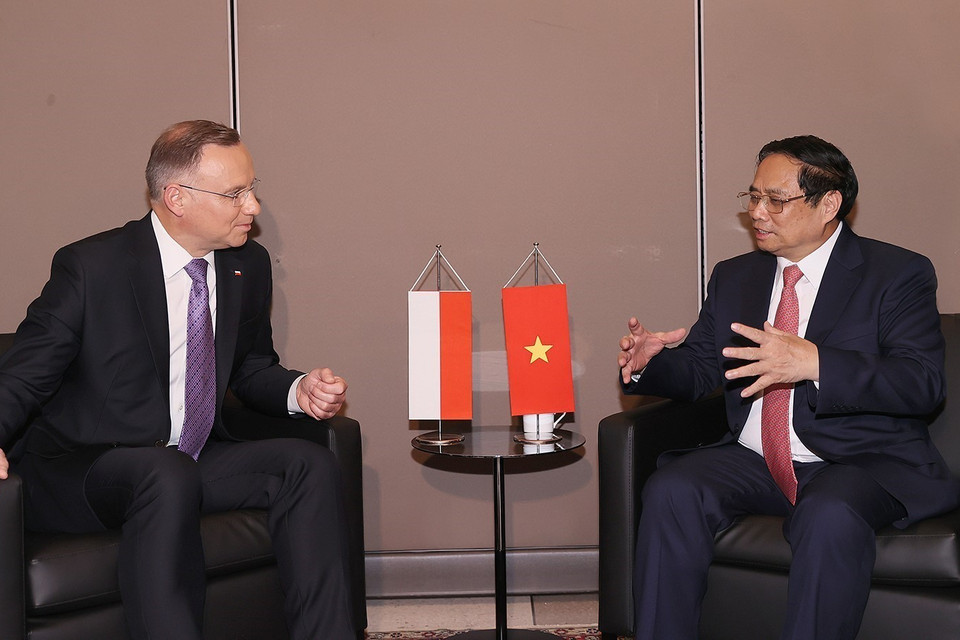 Thủ tướng Phạm Minh Chính gặp Tổng thống Ba Lan Andrzej Duda. (Ảnh: Dương Giang/TTXVN)