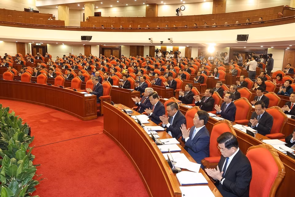 Các đồng chí lãnh đạo Đảng, Nhà nước và các đại biểu biểu dự hội nghị. (Ảnh: Trí Dũng/TTXVN)