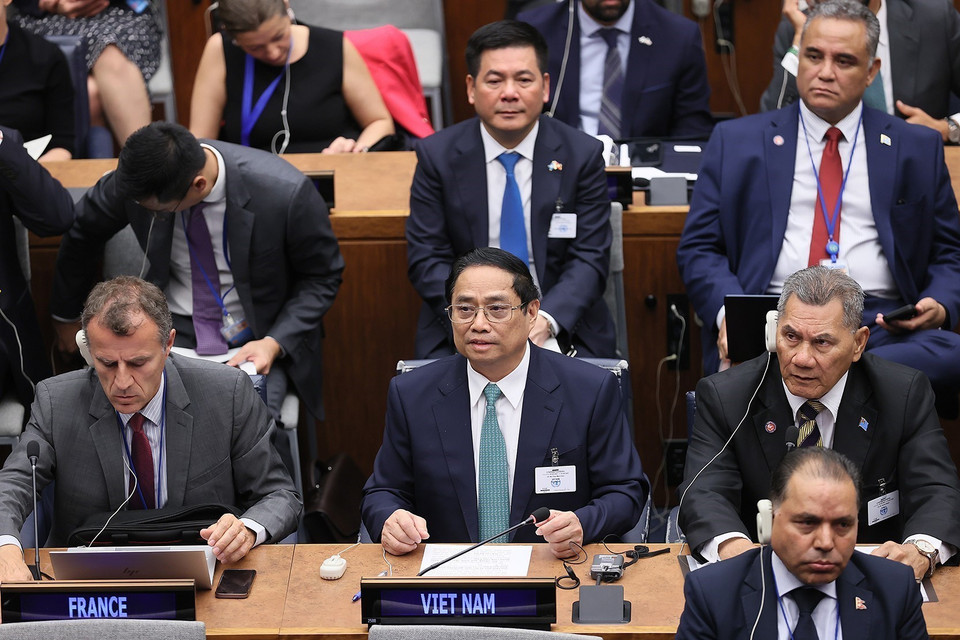 Thủ tướng Phạm Minh Chính phát biểu tại Hội nghị Thượng đỉnh Tham vọng Khí hậu của Liên hợp quốc. (Ảnh: Dương Giang/TTXVN)