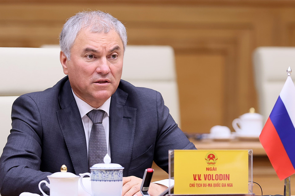 Chủ tịch Duma Quốc gia Quốc hội Liên bang Nga Vyacheslav Victorovich Volodin phát biểu. (Ảnh: Dương Giang/TTXVN)