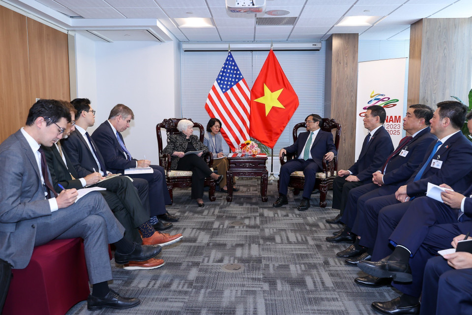 Thủ tướng Phạm Minh Chính tiếp Bộ trưởng tài chính Hoa Kỳ Janet Yellen. (Ảnh: Dương Giang/TTXVN)