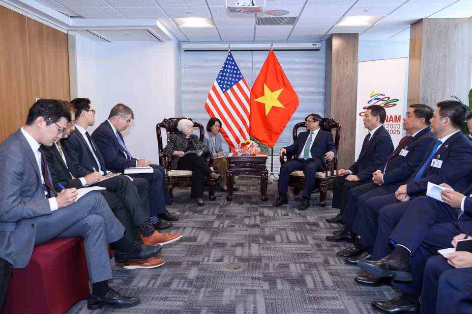 Thủ tướng Phạm Minh Chính tiếp Bộ trưởng tài chính Hoa Kỳ Janet Yellen. (Ảnh: Dương Giang/TTXVN)