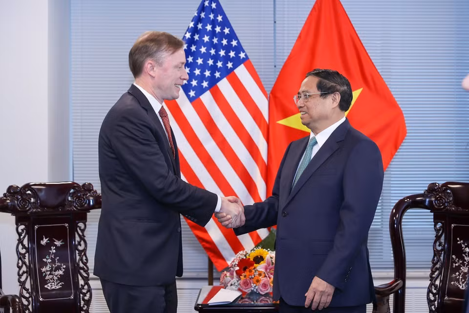 Thủ tướng Phạm Minh Chính tiếp Cố vấn An ninh Quốc gia Hoa Kỳ Jake Sullivan. (Ảnh: Dương Giang/TTXVN)